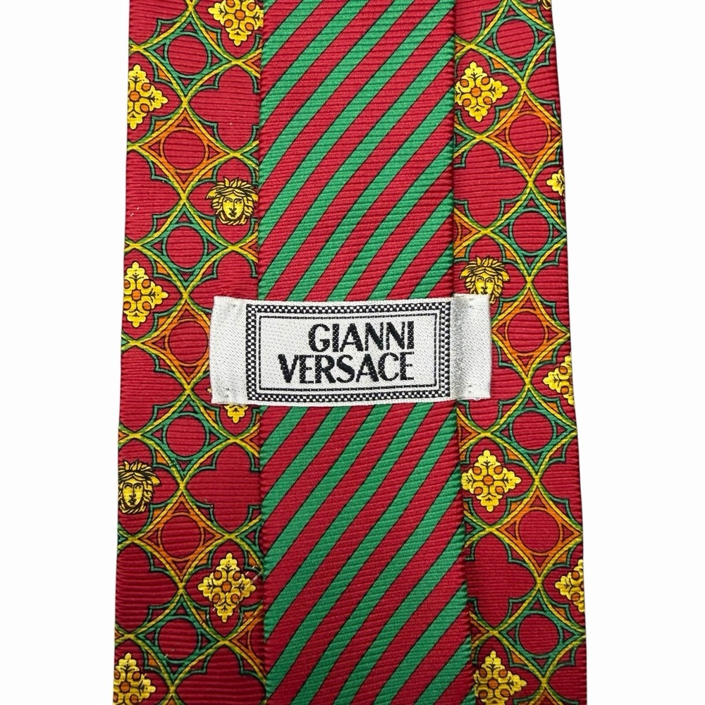 Gianni Versace Men's Tie Baroque Red/Yellow/Green Silk 3.75" (W) x 59.5" (L) guc